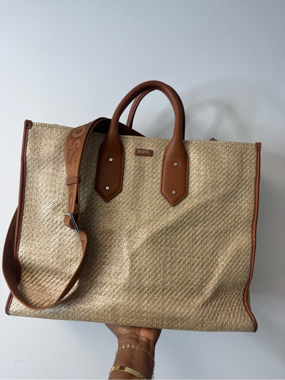 Boss Natural Straw Tote with Brown Leather Trim